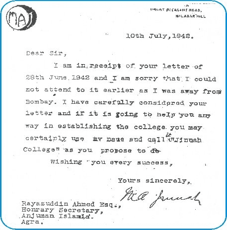 Quaid-e-Azam's letter granting permission to use the name Jinnah